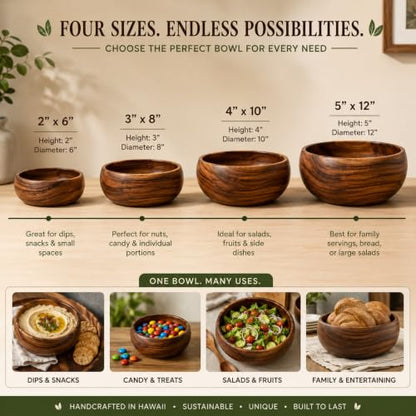 Handcrafted Hawaiian Wood Serving Bowl – Organic Acacia Natural Wooden Salad, Soup, Decor, Fruit & Candy Bowl (X-Large 5x12 inch) - size: Extra Large