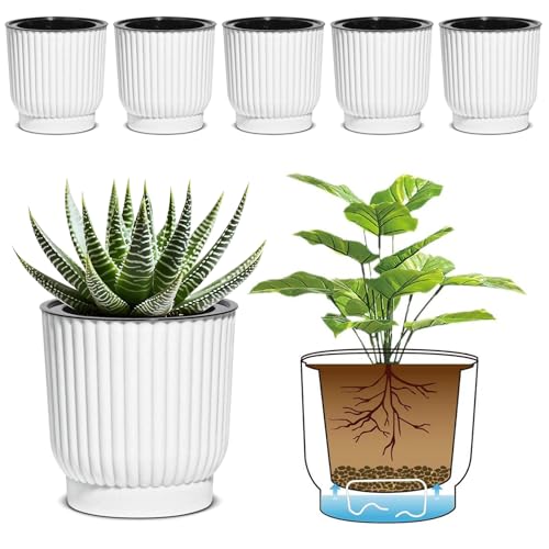T4U Self Watering Pots for Indoor Plants, 4 Inch 6 Pack Planter White | African violet succulent herbs, Small desk windowsill, Bottom feed reservoir, Easy care maintenance - color: White, size: 4 Inch