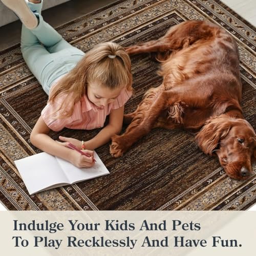 Neutral Rugs for Living Room 9x12 Washable Non Slip Modern Solid Area Rug, Stain Resistant Bordered Soft Carpet, Neutral Foldable Floor Rugs for Bedroom, Dining Room, Nursery, Red Brown | Non Slip Low Pile Stain Resistant Bordered Foldable Soft Textured S