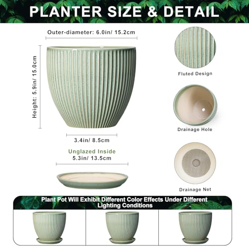 Ceramic Plant Pots, 6 Inch Ceramic Pots for Herb Snake Plants, Indoor Small Flower Pot with Drainage Hole and Saucer, Modern Round Planter, Room Office House Decor, Gardening Gifts, Green - size: 6 Inch, style: Green