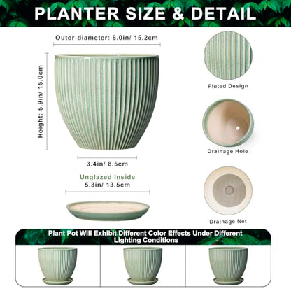 Ceramic Plant Pots, 6 Inch Ceramic Pots for Herb Snake Plants, Indoor Small Flower Pot with Drainage Hole and Saucer, Modern Round Planter, Room Office House Decor, Gardening Gifts, Green - size: 6 Inch, style: Green