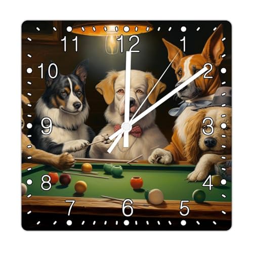 15 Inch Wall Clock Dog Mom Dad Funny Dog Playing Billiards Large Wooden Wall Clocks Battery Operated Silent Farmhouse Decor for Living Room Bedroom Kitchen Birthday Gift - color: Style, size: 15x15 in