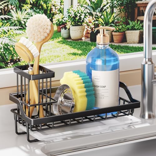 SWTYMIKI Sink Caddy Sponge Holder - Kitchen Sink Organizer with High Brush Holder for Countertop to Hold Dish Soaps and Sponges, Stainless Steel, Black - color: Black, size: Medium