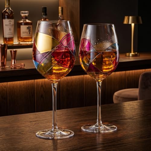 Artisanal Hand Painted Stemmed Wine Glasses - Everyday Celebrations, Gifts Idea for Wife, Mom, Valentine, Holiday Renaissance Romantic Stain-glassed Windows, 2 Set - Gift Idea Birthday, Housewarming - style: Stemmed Glasses Set
