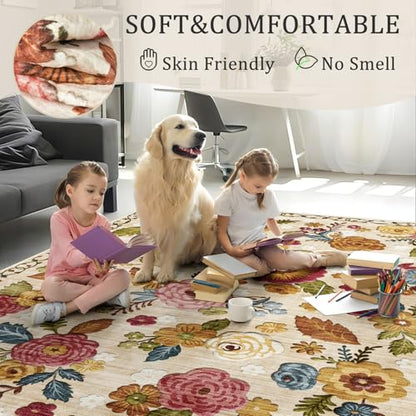 Washable 4ft Round Area Rug Beige Boho Floral Non-Slip for Bedroom, Kitchen | Soft Low-Pile Carpet for Pet Feeding Areas, Bathroom, Entryway, Nursery, Kid & Pet Friendly, Stain, Fade & Wear Resistant - color: Beige, Cream, Mustard, Brick Red and Blue, siz