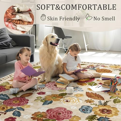 Washable 2.6x8 Runner Rug, Beige Boho Floral Non-Slip for Hallway, Kitchen | Soft Low-Pile Faux Wool Area Rug for Bedroom, Nursery, Bathroom, Laundry, Kid & Pet Friendly, Stain, Fade & Wear Resistant - color: Beige, Cream, Mustard, Brick Red and Blue, siz