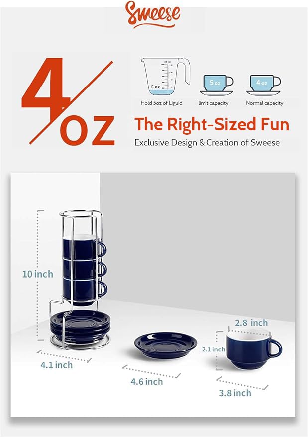 Sweese 4 Ounce Porcelain Stackable Espresso Cups with Saucers and Metal Stand Set of 4, Navy - color: Navy, size: 4 Ounces