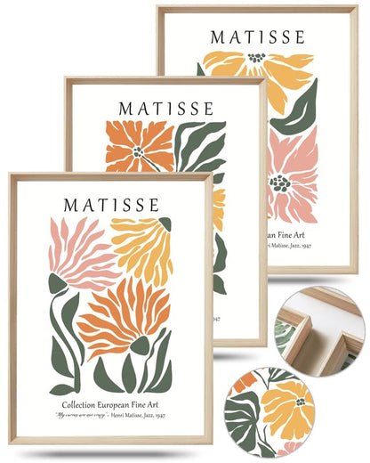 UPWOIGH Matisse Inspired Floral Wall Art, 12 x 16 Inch, Set of 3 | Orange, Yellow and Pink Flower Prints, Modern Botanical Design, Light Wood Frames for Bedroom, Office and Gallery Wall - color: Yellow Matisse