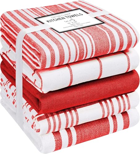 Assorted Kitchen Towels 5 Pack – Soft Absorbent Quick Drying Table & Kitchen Linen - Dish Towels, Dish Cloths, Tea Towel and Cleaning Towel with Hanging Loop – 16x28 / Red White - color: Red White