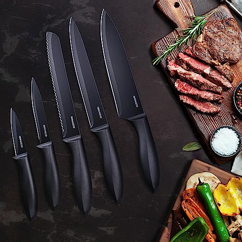 Knife Set,10-Piece Stainless Steel Kitchen Knife Set with Block,Black | Compact Small Countertop Holder,Pro-Sharpened Stainless Steel Chef Knives, Space Saving Knife Set for RV & Apartment - color: BK