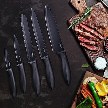 Knife Set,10-Piece Stainless Steel Kitchen Knife Set with Block,Black | Compact Small Countertop Holder,Pro-Sharpened Stainless Steel Chef Knives, Space Saving Knife Set for RV & Apartment - color: BK
