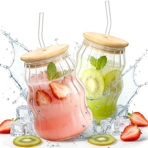 2 Packs Cute Glass Tumbler with Lid and Straw 16 oz Ice Coffee Cup Set for Smoothie Slushie Juice Matcha Tea Latte Cappuccino Espresso Hot Coffe Water Reusable Clear Travel Boba Aesthetic Drinking Mug - color: Cloud stripe-2 Pcs
