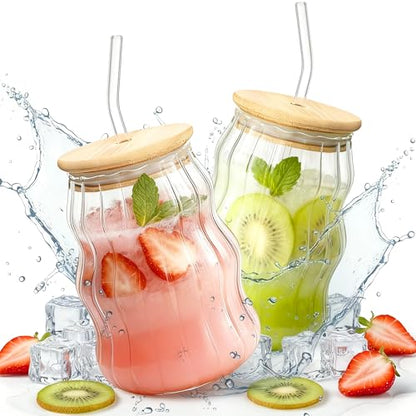 2 Packs Cute Glass Tumbler with Lid and Straw 16 oz Ice Coffee Cup Set for Smoothie Slushie Juice Matcha Tea Latte Cappuccino Espresso Hot Coffe Water Reusable Clear Travel Boba Aesthetic Drinking Mug - color: Cloud stripe-2 Pcs
