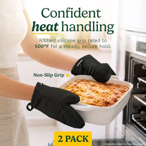 Cuisinart Mini Oven Mitts, 2-Pack 5"x8.5", Heat Resistant 500F | Compact pot holder for baking, air fryer, and cookware, silicone non-slip grip, hanging loop, fits either hand, wipes clean - color: Black