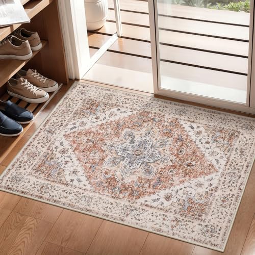 Ciicool 2x3ft Washable Entry Area Rug,Small Door Mat for Entryway Kitchen | Boho Indoor Vintage Non-Slip Oriental Low-Pile Throw Carpet for Entrance Bathroom Living Room Dining Room Floor Home Decor - color: Vintage Cream/Brick, size: 2' x 3' (Rectangular