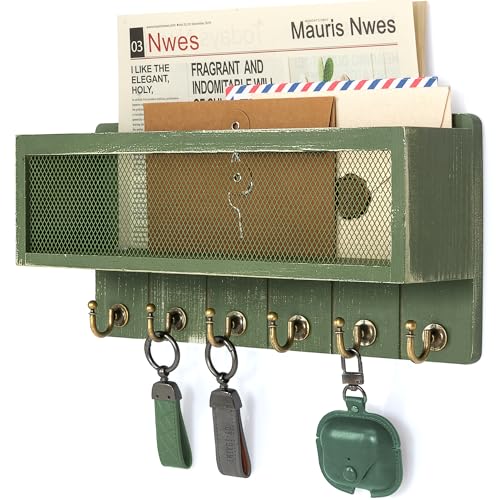 Rebee Vision Key Holder Wall Mount with Mail Basket for Room Decor, Green | Pine Wood, Key Holder for Wall, 6 Sturdy Hooks, Wooden Letter Storage, Apartment Essential, Space-Saving Home Organization - color: Green