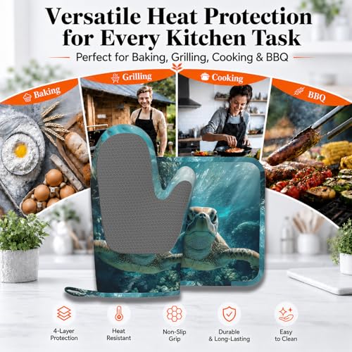 Sea Turtles Oven Mitt and Pot Holder with Silicone Heat Resistant Kitchen for Cooking BBQ Baking Grilling Cooking Protection - color: Sea Turtles