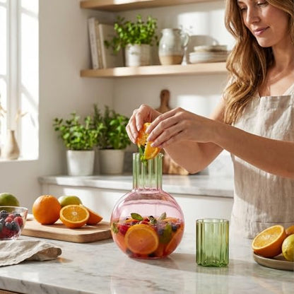 Cute Wave Flower Glass Carafe Bedside Water Pitcher & Cup Set - 44oz Handblown Round Pink Cherry Pitcher with 6.8oz Glass Green Flower Tumbler - Aesthetic Unique Fruit Glassware for Juice Wine & Water