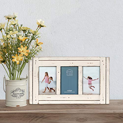 Prinz Homestead Antique White 3-Opening Collage Picture Frame 4x6 Photos - Distressed Wood Two-Way Easel Wall Tabletop Display - color: Antique White