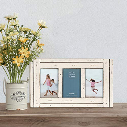 Prinz Homestead Antique White 3-Opening Collage Picture Frame 4x6 Photos - Distressed Wood Two-Way Easel Wall Tabletop Display - color: Antique White