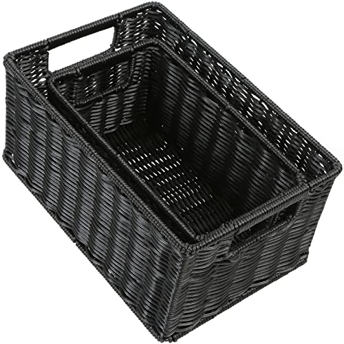 HOONEX Wicker Baskets for Storage, Plastic Baskets for Organizing with Dual Handles, Woven Baskets for Storage, Set of 2, Black - color: Black, size: 12 x 8 x 6 inches