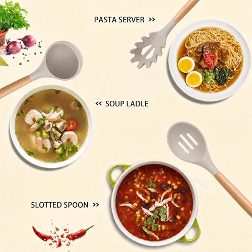 MIBOTE Silicone Cooking Kitchen Utensils Set, Wooden Handle, Khaki | BPA-Free, Non-Toxic Silicone Turner, Tongs, Spatula, Spoon Set – Great for Nonstick Cookware, Heat-Resistant, Easy Clean - color: Khaki