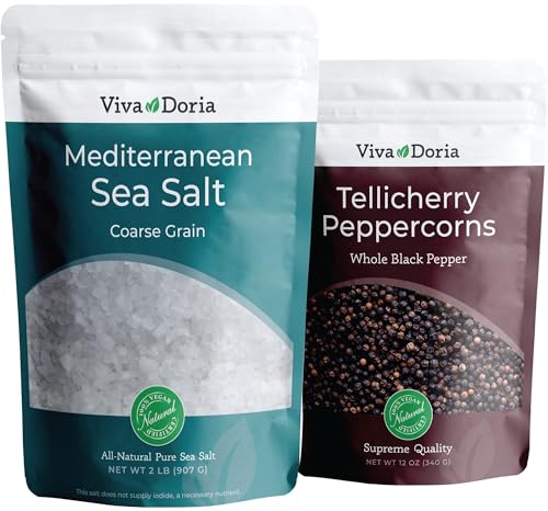 Viva Doria Tellicherry Black Peppercorn, Whole Black Pepper, Black Peppercorns, 12 Oz and Mediterranean Sea Salt, Coarse Grain, 2 lb, For Grinder Refills (2 Set)