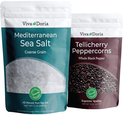 Viva Doria Tellicherry Black Peppercorn, Whole Black Pepper, Black Peppercorns, 12 Oz and Mediterranean Sea Salt, Coarse Grain, 2 lb, For Grinder Refills (2 Set)
