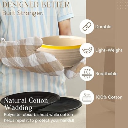 Buffalo Plaid Check Oven Mitts and Pot Holders Set, 100% Cotton, Heat Resistant, Includes 2 Oven Gloves (7x13 Inches) and 2 Hot Pads (8x8 Inches) for Cooking and Baking, Beige White - color: Beige, Buffalo Plaid