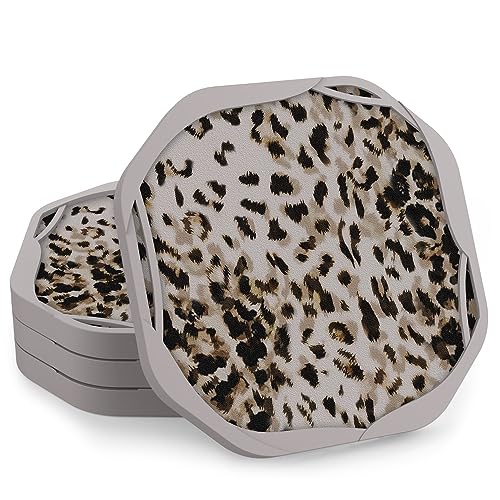 UMIRRO Absorbent Felt & Silicone Drink Coasters Set of 4, Brown Leopard | Leakproof & Non-Slip, Retro Maximalist Eclectic Coffee Table Decor for Home Bar, Kitchen, Animal Cheetah Print, Octagon 4" - color: 26. Leopard, size: 4 Pack