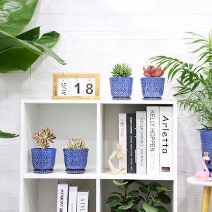 Gepege Ceramic Succulent Pots, 4 Inch Small Plant Pots with Drainage | Ceramic succulent pots with drainage holes, ceramic saucers and mesh pads, set of 4, ideal for cactus and succulents - color: Blue, size: 4 Inch - Set of 4