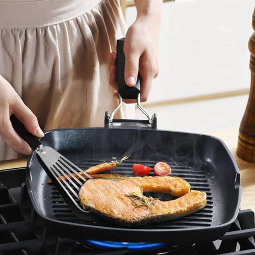 Stainless-Steel Slotted Flex Fish Turner, Set of 2, Kitchen Spatulas for Nonstick Cookware, Cooking Utensils for Flipping Eggs & Pancakes, Heat-Resistant, BPA Free, Dishwasher Safe, Black