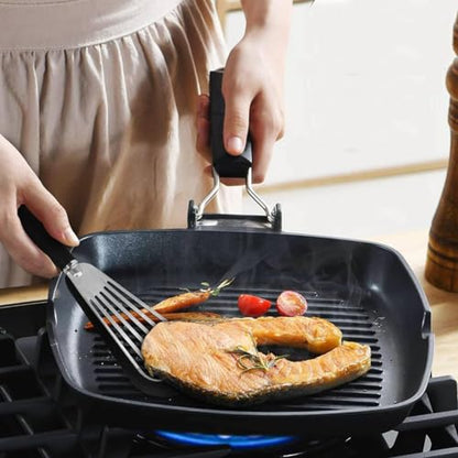 Stainless-Steel Slotted Flex Fish Turner, Set of 2, Kitchen Spatulas for Nonstick Cookware, Cooking Utensils for Flipping Eggs & Pancakes, Heat-Resistant, BPA Free, Dishwasher Safe, Black