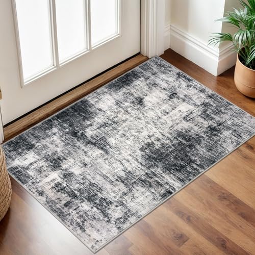 Small Abstract Area Rug 2x3 Ft Entryway Rugs Washable Door Mat Indoor Entrance, Rubber Backed Throw Rugs, Printed Faux Wool Non Slip Floor Carpet for Foyer Front Door Sink, Black Grey - color: Black/Grey/White, size: 2' x 3' (Rectangular)