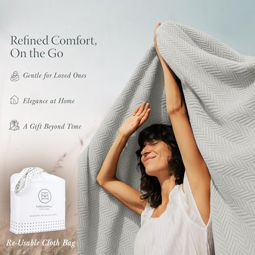 Threadmill Luxury Cotton Blankets for Twin Size Bed | All-Season 100% Cotton Twin Blanket for Bed | Herringbone Soft & Cozy Fall Thermal Blanket, 350GSM, 68x90 inches | Light Grey | 100% Cotton, Herringbone Pattern, 350 GSM, 68x90 in, Breathable, All-Seas