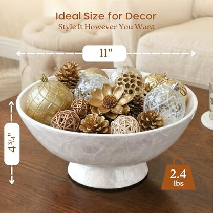 11” White Capiz Shell Decorative Bowl, Large Footed Centerpiece Bowl for Kitchen Island Decor, Modern Farmhouse Fruit Bowl for Entryway & Home Décor Accents