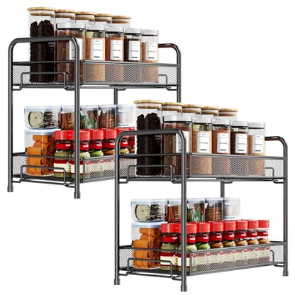 Spice Rack Organizer for Countertop 2 Pack, 2-Tier Counter Foldable Metal Standing Large Seasoning Storage Shelf for Kitchen Cabinet Bathroom Living Room Pantry Office, Black - size: Black-2 pack