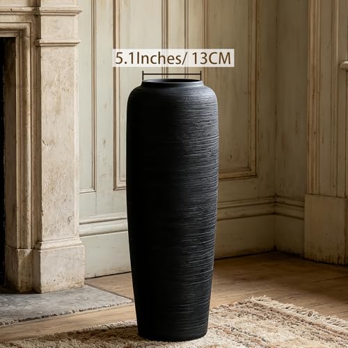 Black Rustic Ceramic Floor Vase, 19.7 Inch, Ribbed Texture | Living Room, Entryway, Fireplace, Pampas Grass, Dried Branches - size: 19.7 Inch