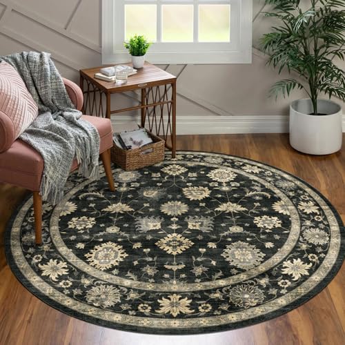 LUXRUG Washable Round Area Rug 4ft - Charcoal Black Floral Entryway Rug | Circle Rug 4x4 Non-Slip Traditional Farmhouse Carpet Soft Vintage Boho Round Rugs for Bedroom Bathroom Kitchen Entryway - color: Charcoal Black, size: 4' (Round)