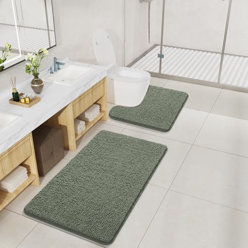 LOCHAS Bathroom Rugs Sets 2 Piece, 20''x20'' & 34''x21'', Sage Green | Non Slip U-Shaped Toilet Rug, Chenille Washable Absorbent, Soft Bath Mat Set for Shower, Sink - color: Sage Green