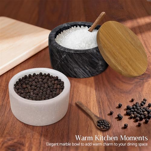 Marble Salt Cellar with Lid & Spoon, Salt Container White & Grey | Acacia Wood Lid, Wide Base with Non-Skid Feet, Moisture Proof Spice Cellars Keeps Salt, Pepper & Spices Dry, 6 oz - color: White & Grey