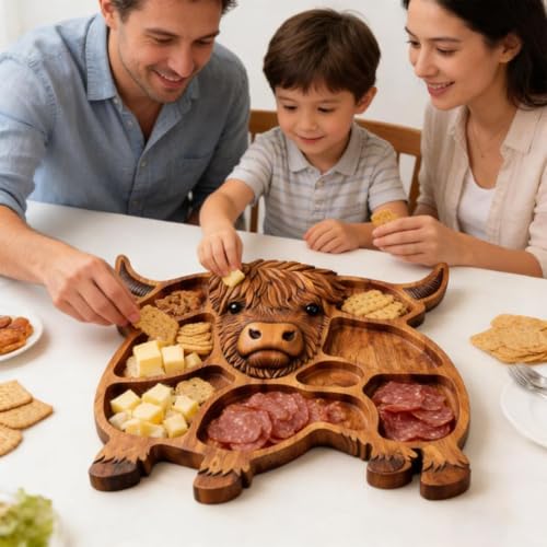 Highland Cow Wooden Charcuterie Board, Rustic Farmhouse Serving Board, Appetizer Board, for Snack Fruit Meat Cheese Home Party Banquet Family Gathering Dining Table Holiday Kitchen (B) - color: B