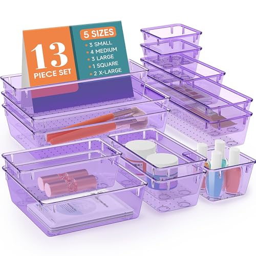 13 PCS Drawer Organizer Set, 5 Size Bathroom and kitchen organizer Trays | Bathroom and kitchen Drawer cabinet organizer Trays, Clear Storage Bins for Makeup, Jewelry, Utensils and Gadgets - color: Purple, size: 13 PCS