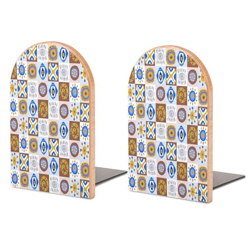 Personalized Wood Book Ends Metal Base Colorful Geometric Tile Printing Bookend Modern Heavy Duty Bookends for Home Or Office 1 Pair - color: Colorful Geometric Tile