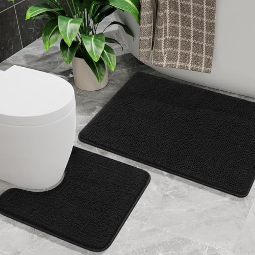 Bathroom Rug Sets 2 Piece, 20"x20" U-Shaped & 21"×34", Black | Toilet Mat Non Slip Bath Mats Floor Set, Washable Bath Rug Set, Absorbent Soft Bathroom Rug - color: Black