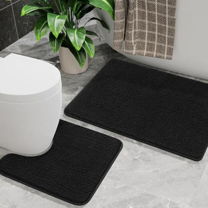 Bathroom Rug Sets 2 Piece, 20"x20" U-Shaped & 21"×34", Black | Toilet Mat Non Slip Bath Mats Floor Set, Washable Bath Rug Set, Absorbent Soft Bathroom Rug - color: Black