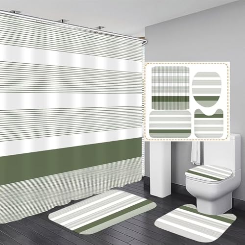 DDQQ 4Pcs Boho Streak Shower Curtain Sets with Rugs Sage Green Stripe Bathroom Sets Shower Curtain with 12 Hooks Bathroom Decor with Rugs Bath Accessories with Mats Toilet Lid Cover - color: Green