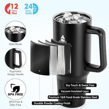 40 oz Tumbler with Handle and Straw or Convert to 40 oz Insulated Water Bottle Fits in Cup Holder. Stainless Steel Metal Water Flask with 2 Lids for Travel,Camping,Gym Sports Coffee Mug Thermal Cup - color: Black