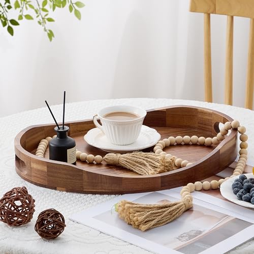 Acacia Wood Serving Tray with Handles - 17'' x 13'' Round, Decorative Ottoman Trays for Breakfast, Home Decor, Tea Party, Coffee Table, Candle Display, Kitchen Counter Board