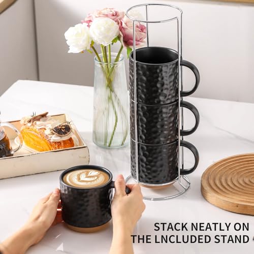 Nihow 16 Oz Ceramic Coffee Mug Set of 4 with Stackable Stand,Matte Black | Stackable, Stainless Stand Included, Cappuccino & Tea, Hot/Cold Drinks, Dishwasher & Microwave Safe - color: Matte Black, size: 16 oz With Stand